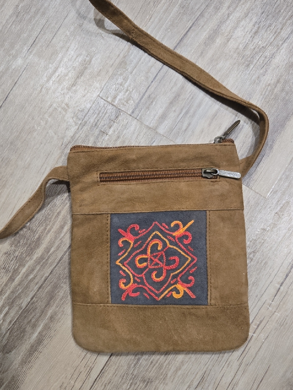 Brown Suede Crossbody Bag with Red & Orange Embroidered Accent